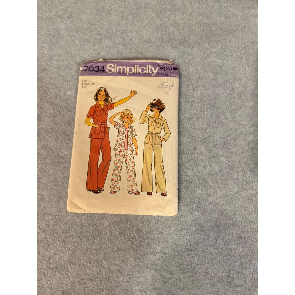 Simplicity 7034 Vintage 70s Girls Shirt Jacket and Pants Sewing Pattern Size 12